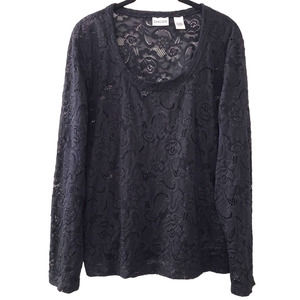 Chico's Lace Semi-Sheer Long Sleeve Stretch Scoop Neck Tee, Black, Sz L (2)